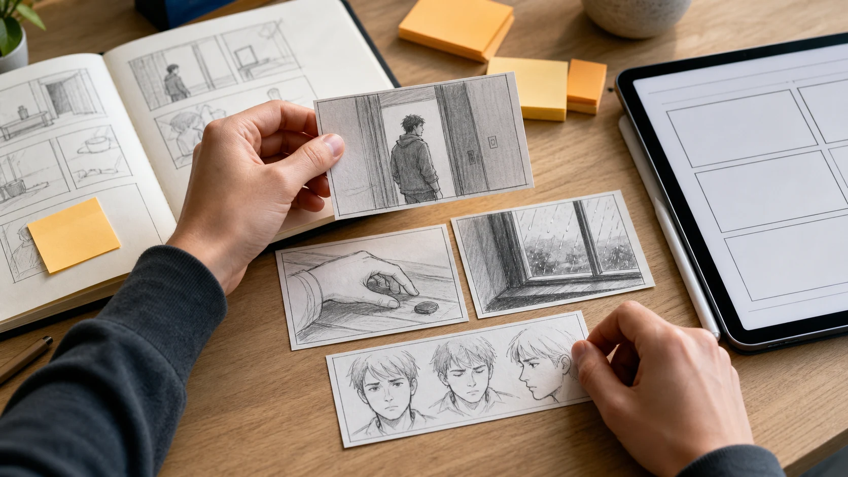 Storyboard-Karten zeigen, wie innere Gedanken in sichtbare Comic-Handlungen umgewandelt werden