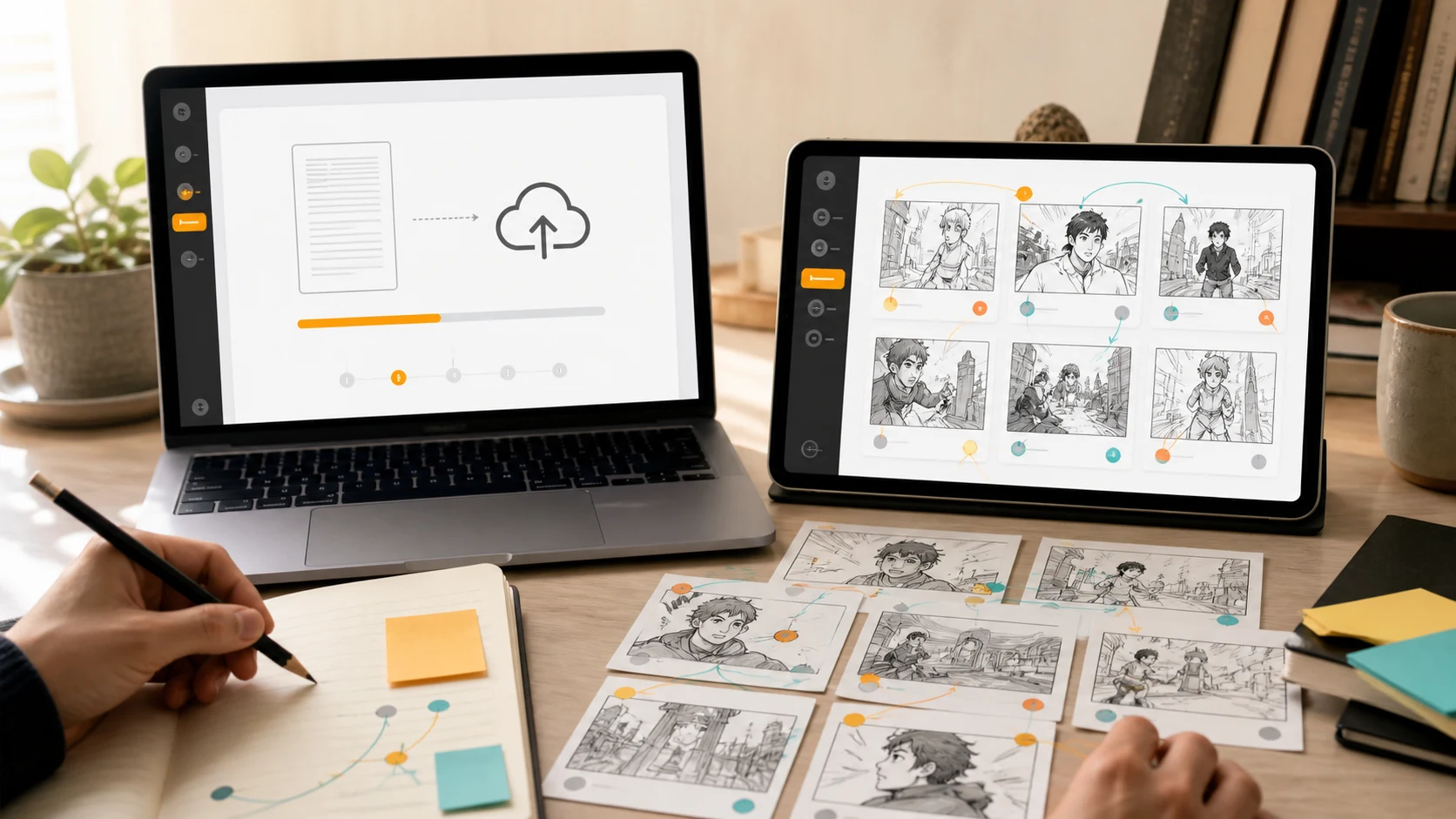 Eine Autorin oder ein Autor lädt ein Manuskript hoch und prüft generierte Storyboard-Beats