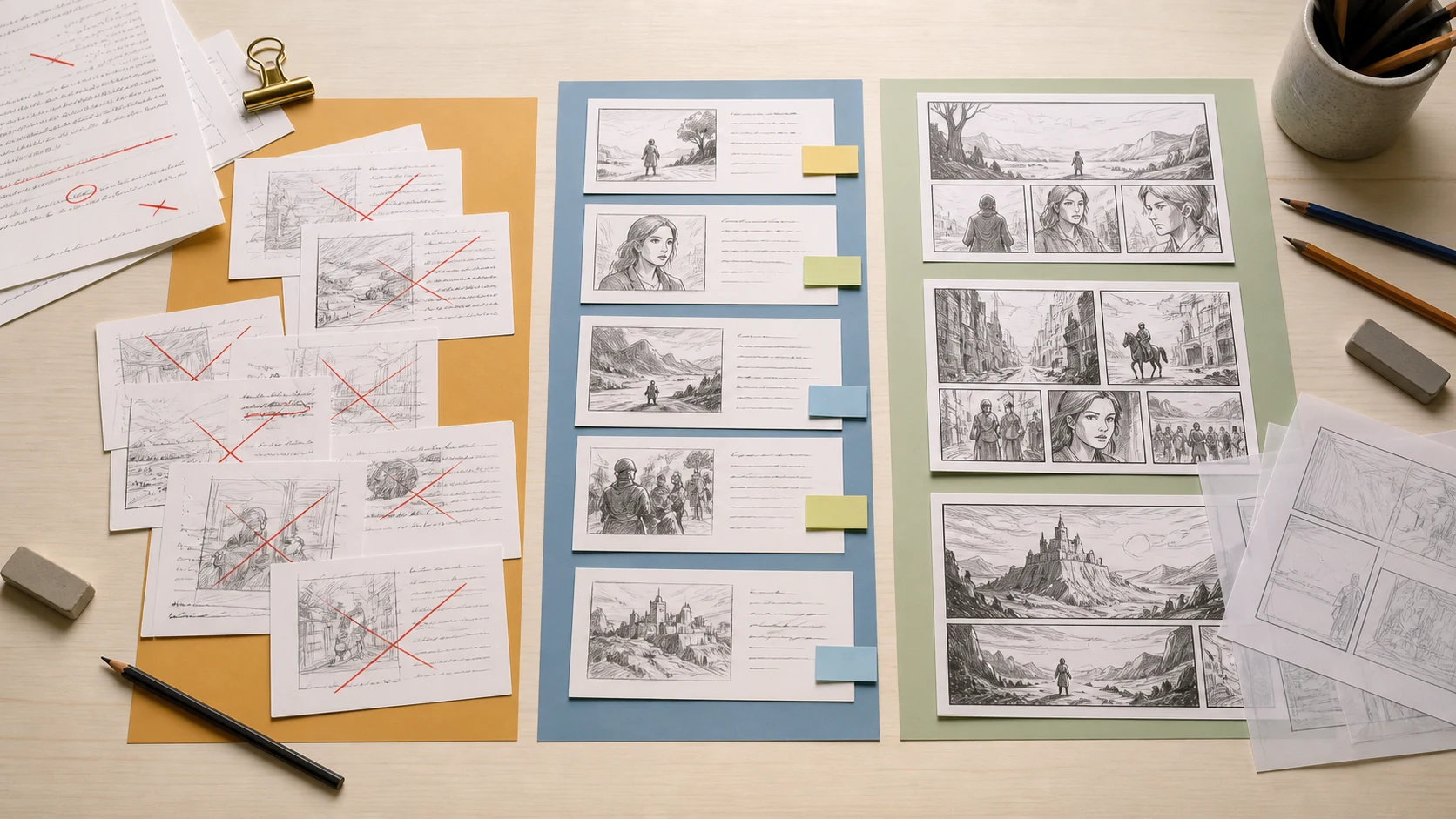 Ein Adaptionsboard mit Cut, Keep und Visualize für die Umwandlung von Prosa in Comic-Panels