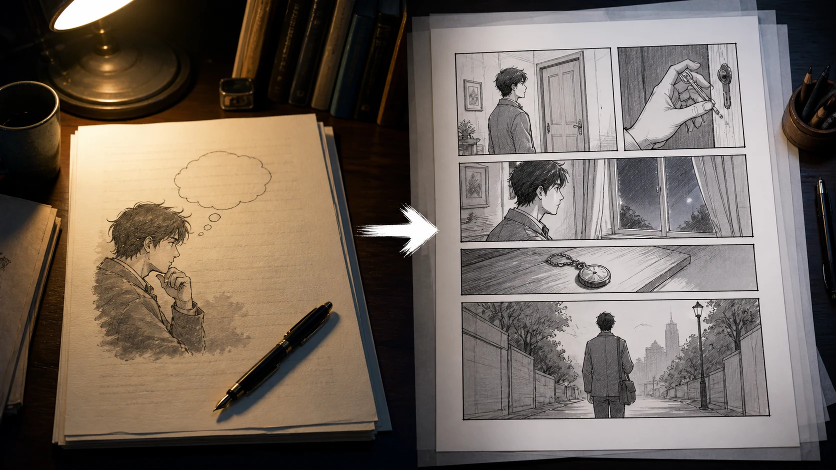Ein Romanautor, der inneren Monolog in beobachtbare Comic-Panel-Handlungen umwandelt