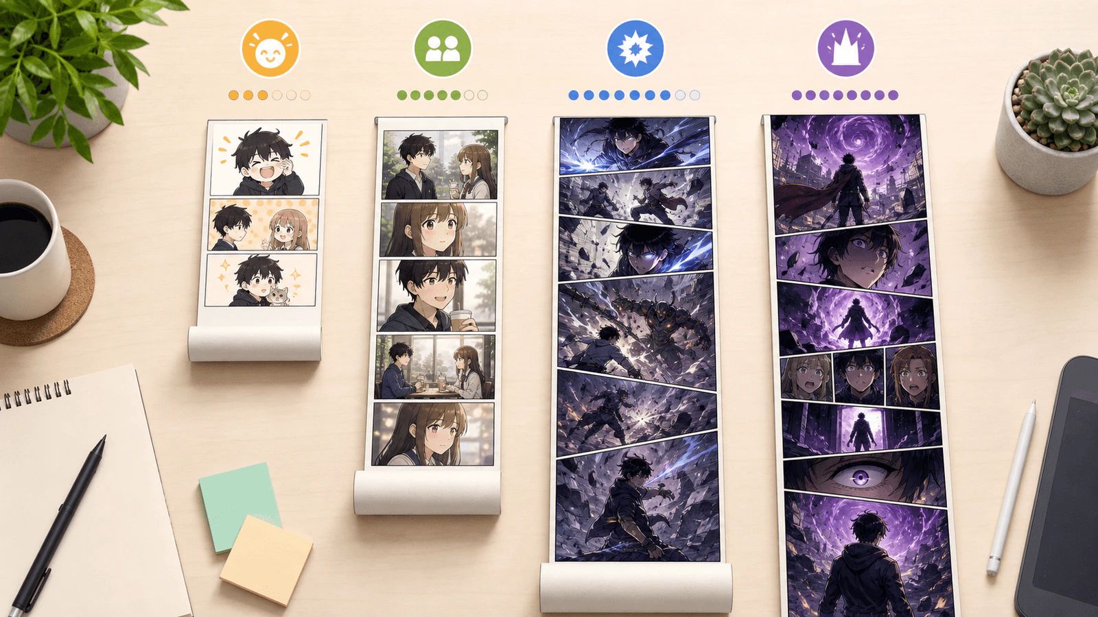 四條視覺化的 webtoon 範例條帶,具有不同長度與分鏡密度,展示集數類型如何改變分鏡數量