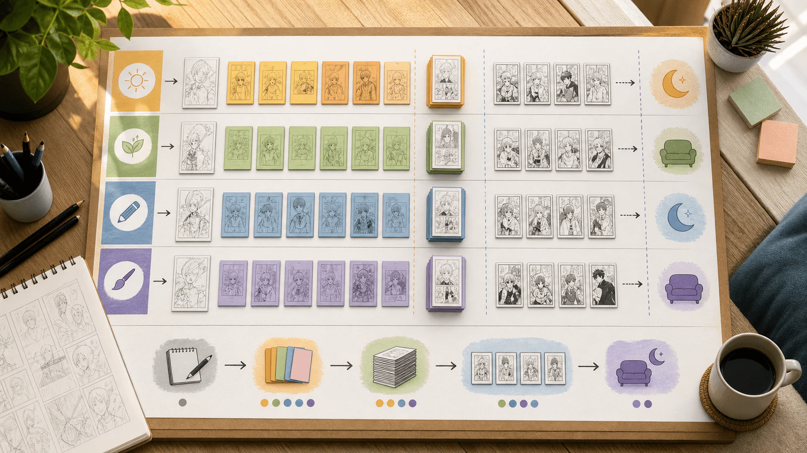 一個 webtoon 緩衝規劃板,上面有視覺化的每週欄位、縮圖堆疊、已完成單話卡片與休息符號
