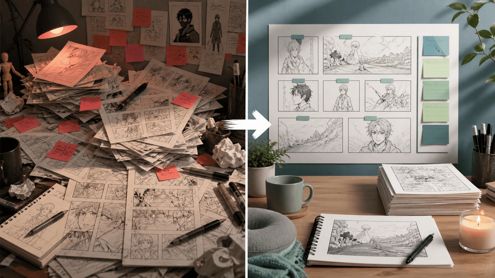一張前後對照圖,一側是超載的 webtoon 製作流程,另一側是更平穩、範圍明確的單話規劃板