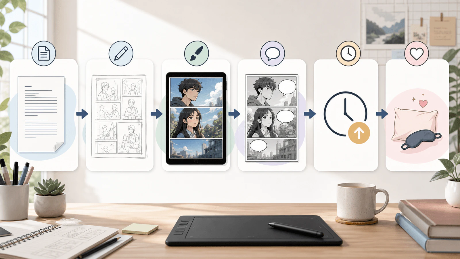 從腳本到縮圖面板、webtoon 草稿、上字、排程與休息的視覺化流程