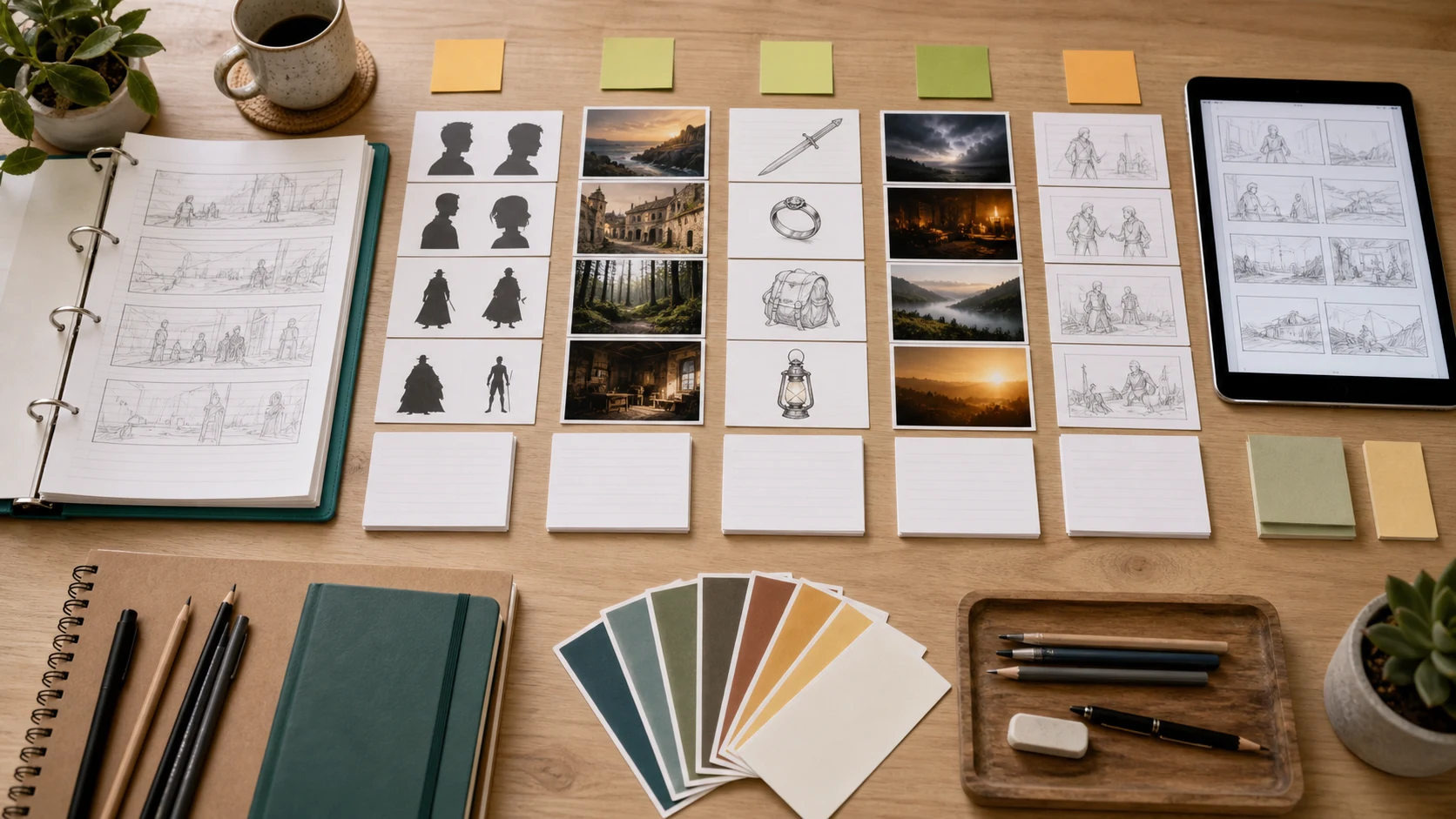 A story bible category board with character silhouettes, locations, props, mood references, and storyboard cards