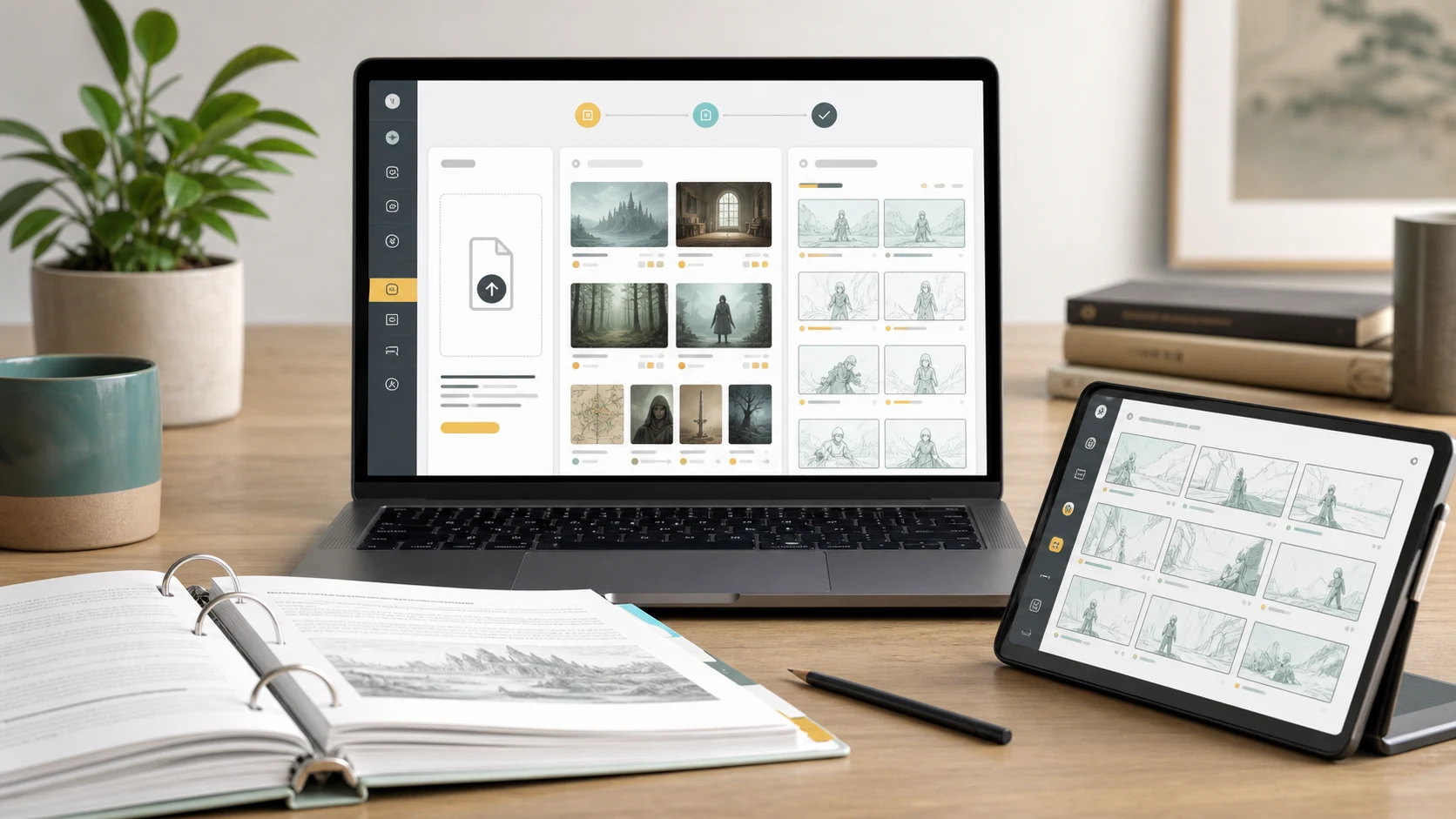 A Story AI style upload workflow where a story bible becomes visual bible assets and storyboard panels