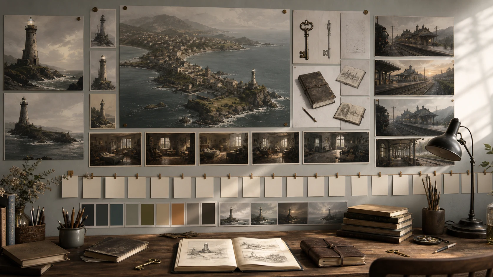 A long-form fiction visual bible wall showing recurring locations, props, mood, and timeline assets