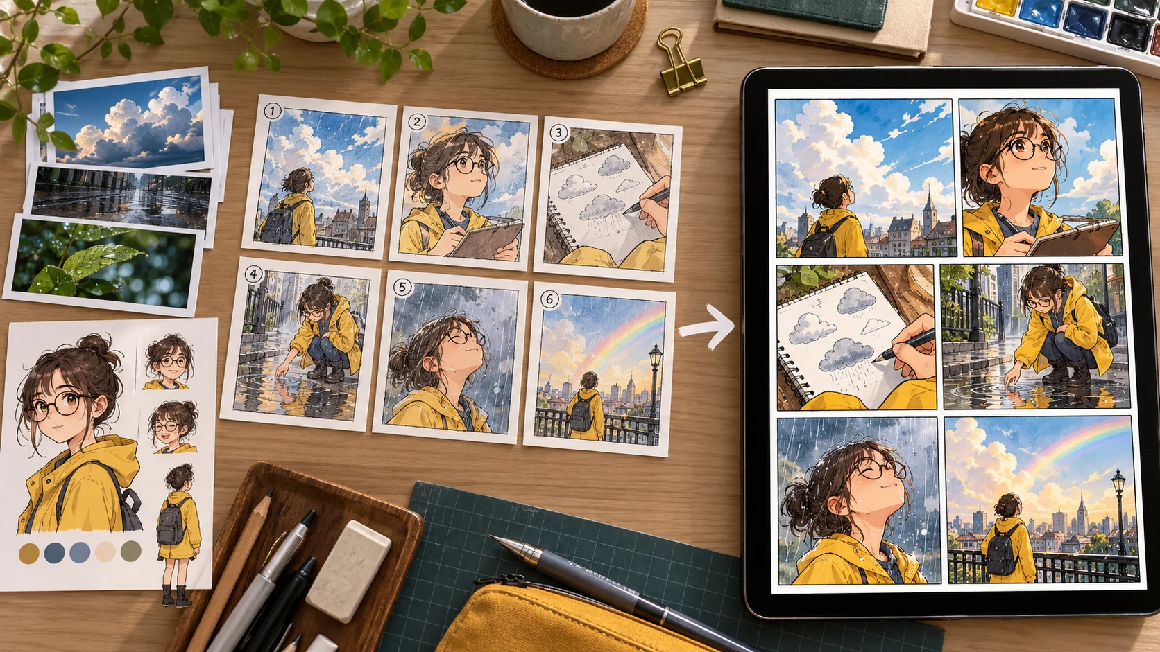 A conversation-first comic workflow moving from a story brief to an editable six-panel comic page