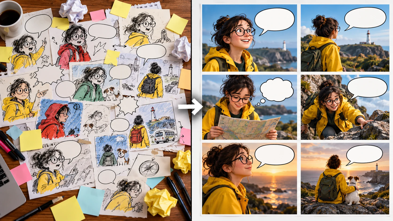A vague one-sentence request beside a structured six-panel production brief with continuity anchors