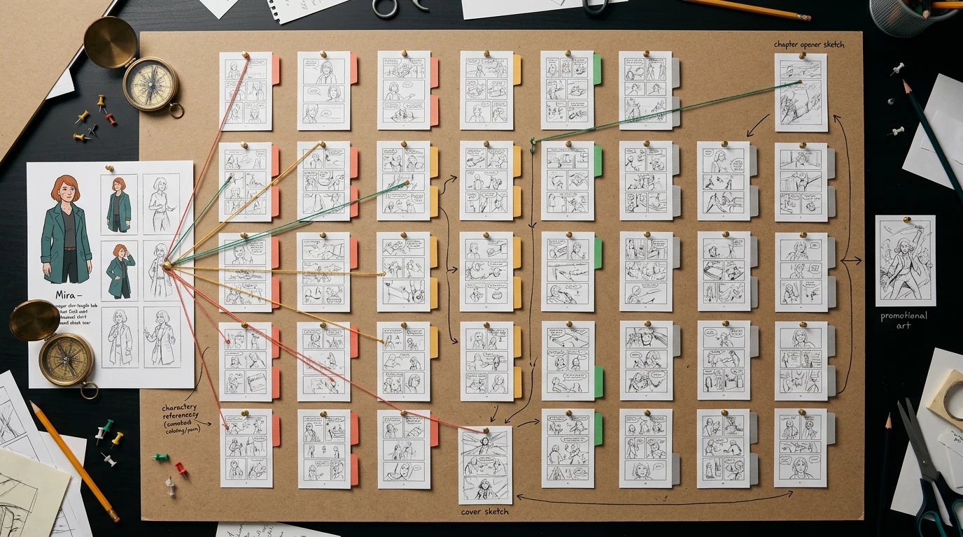 A long-form comic production board tracing one updated character reference to selected affected pages