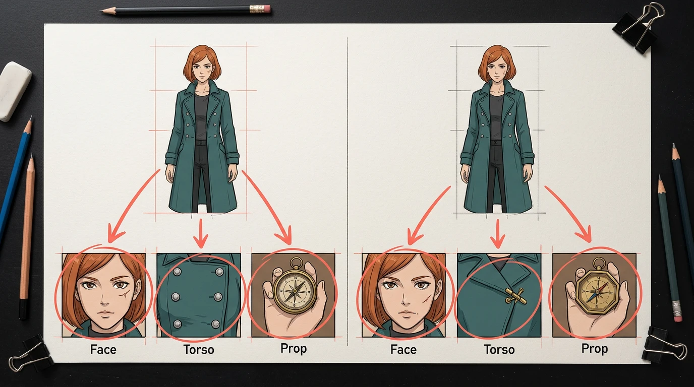 A side-by-side production diff showing Mira's corrected scar, coat clasp, and compass while preserving her identity