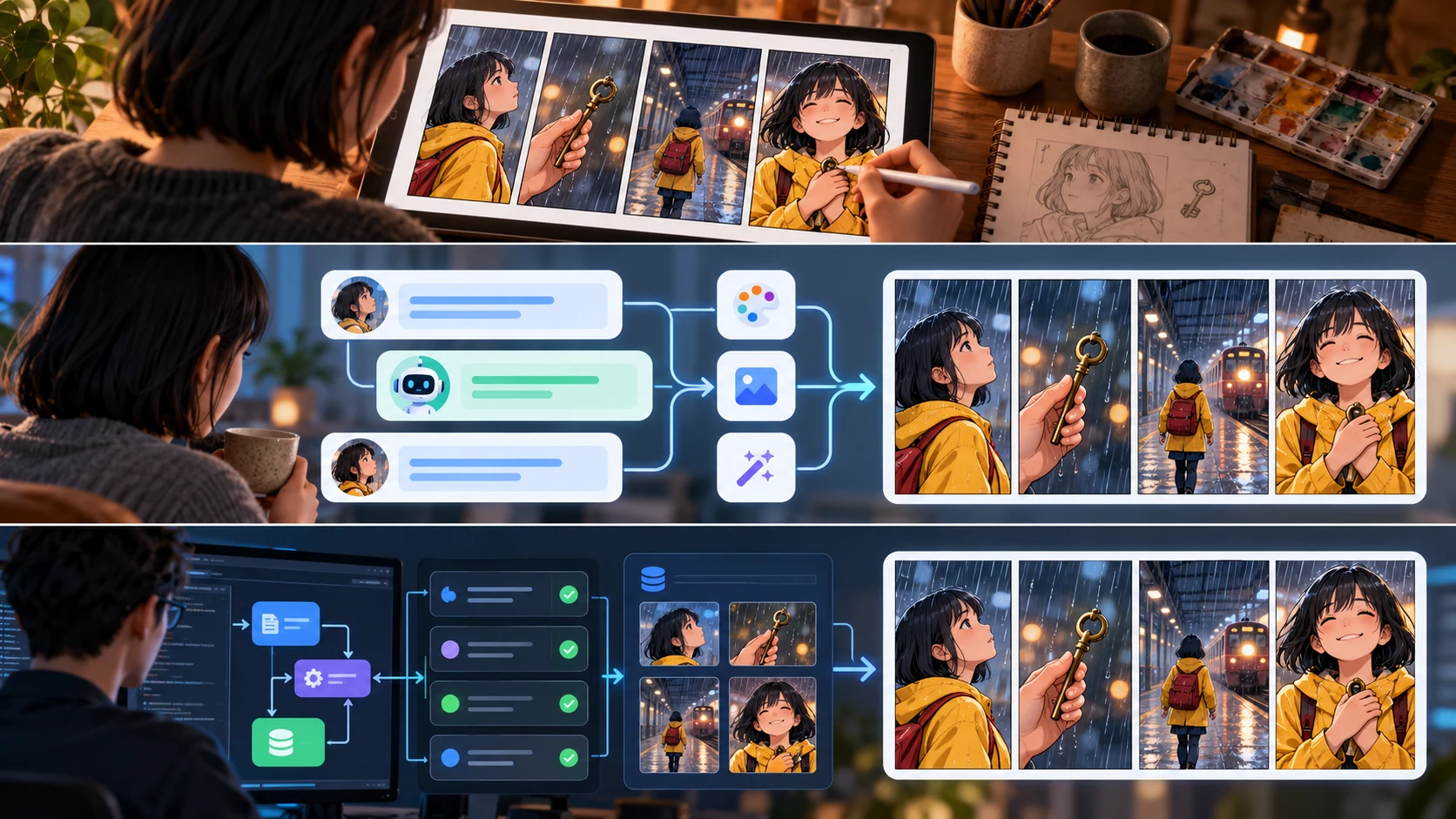 Tiga jalur produksi—editor visual, koneksi agen AI, dan API pengembang—bermuara pada komik empat panel yang sama