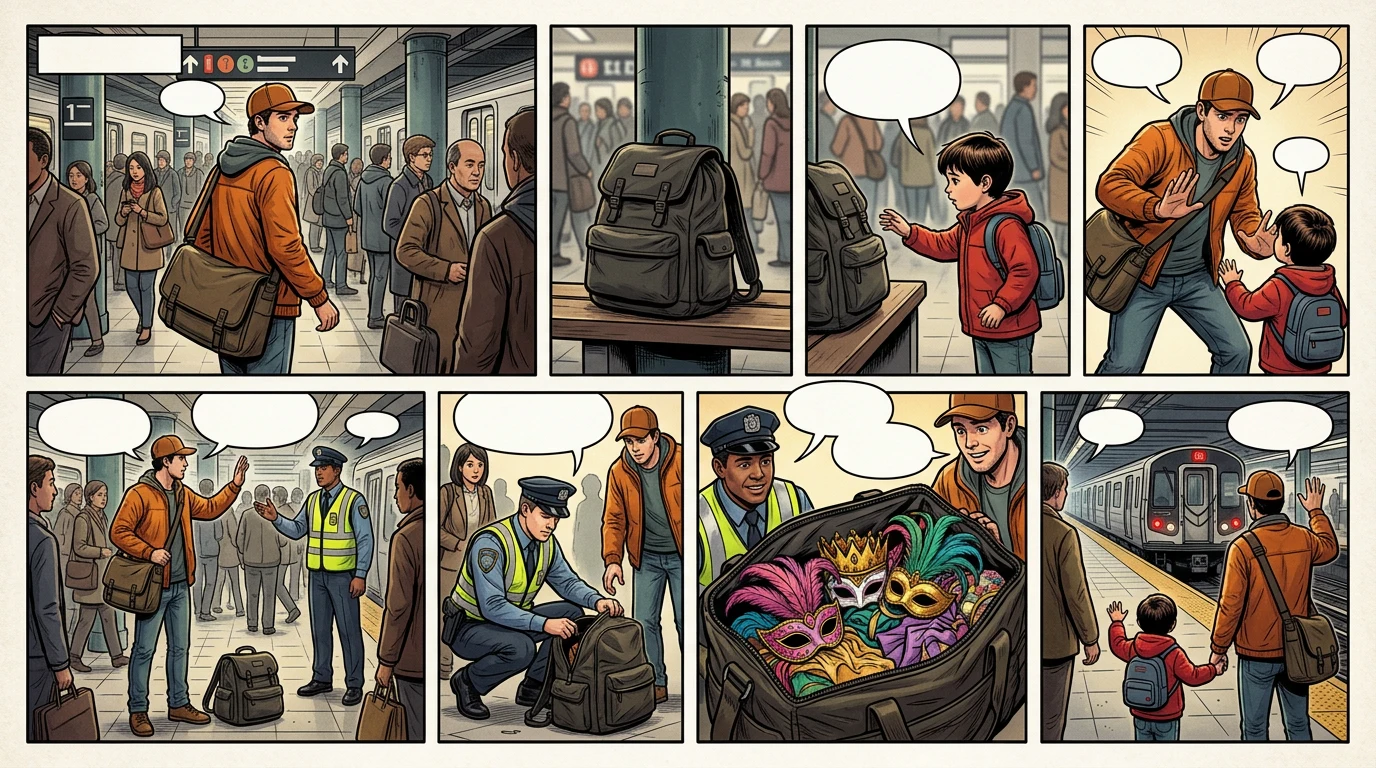 A corrected finished comic page that required rebuilding the station sequence after late review