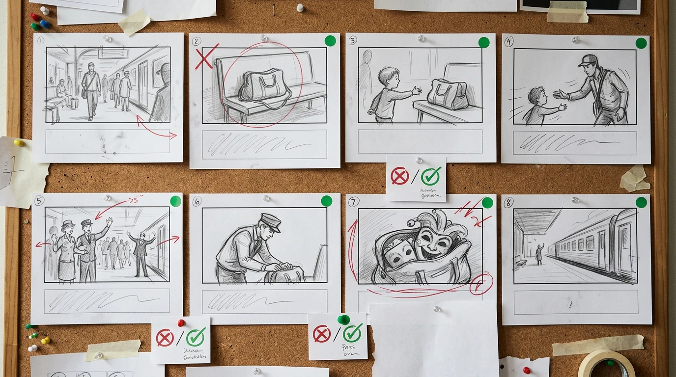 A corrected eight-frame storyboard with approval markers, clear action geography, and a larger reveal