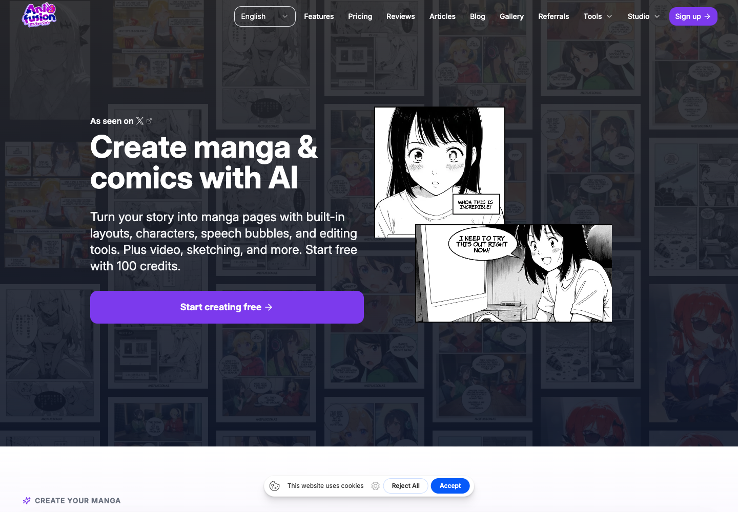 Anifusion homepage screenshot captured for AI comic workflow comparison