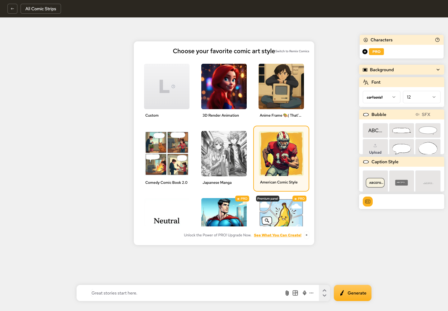 LlamaGen.AI comic workspace with bubble and caption controls