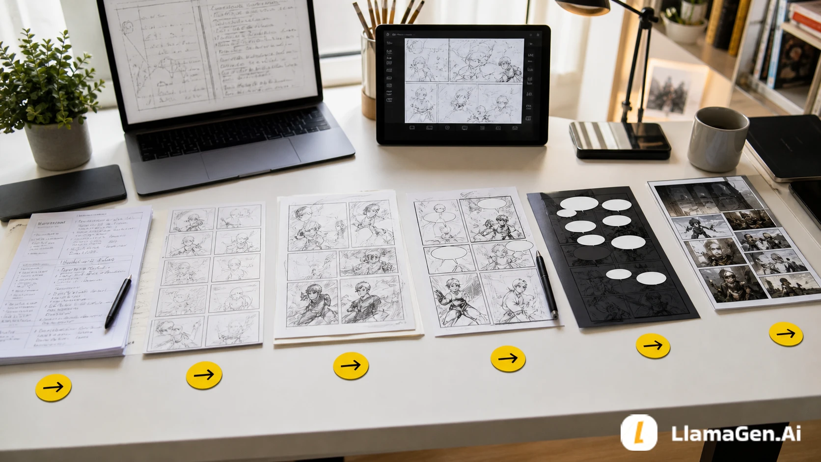Comic-Produktionspipeline: Skript, Storyboard, Panels, Lettering, Export
