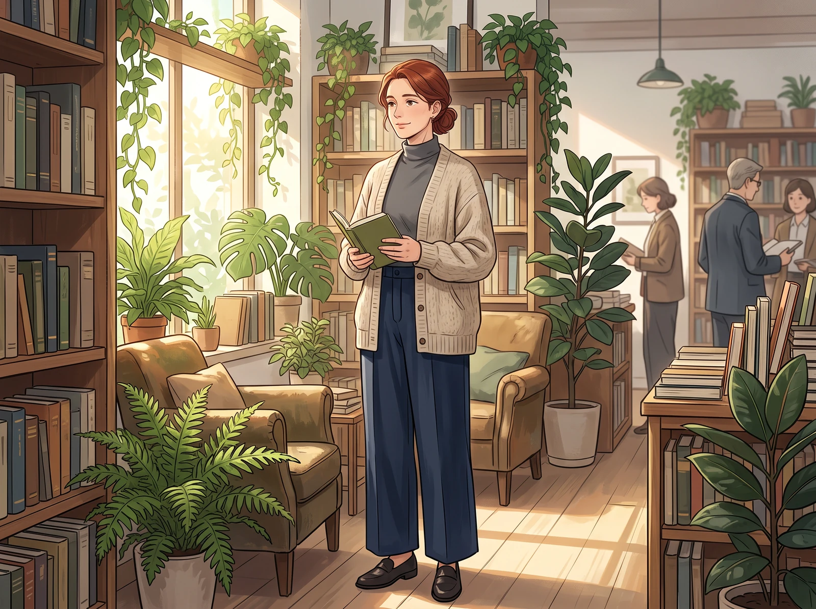 A mature original anime woman browsing a bright botanical bookstore