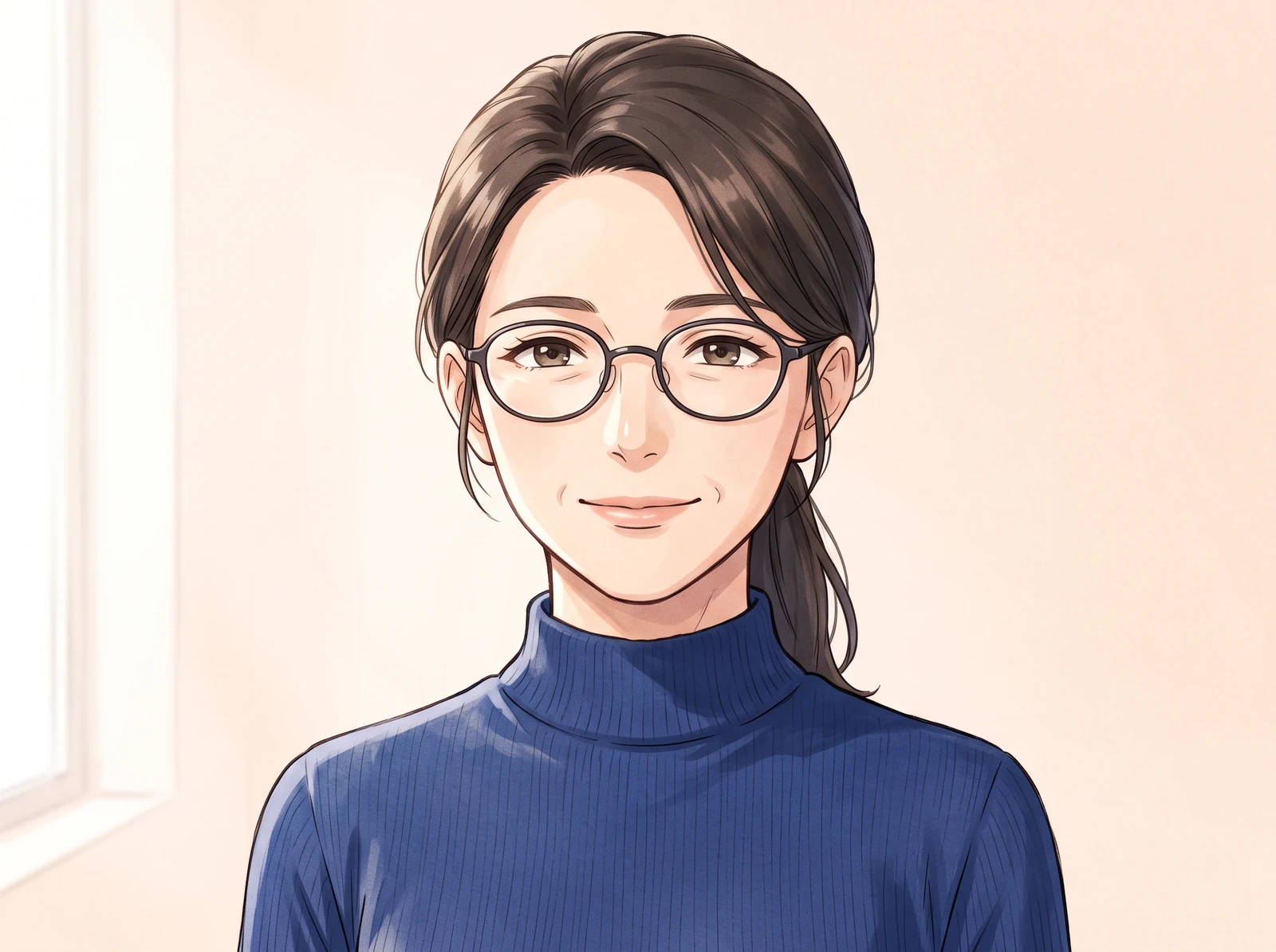 A mature original anime woman with glasses in a refined portrait study