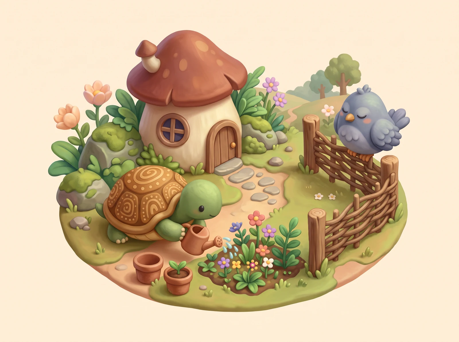 An original turtle mascot beside a cozy miniature mushroom cottage