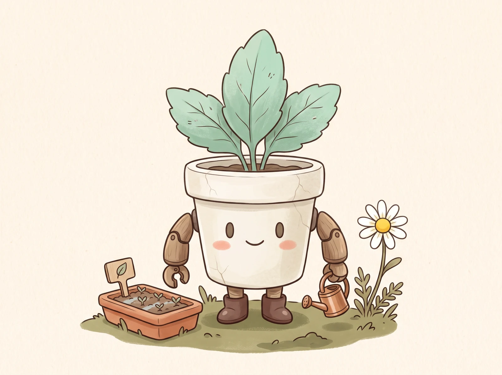 A small original flowerpot robot with friendly expressive features