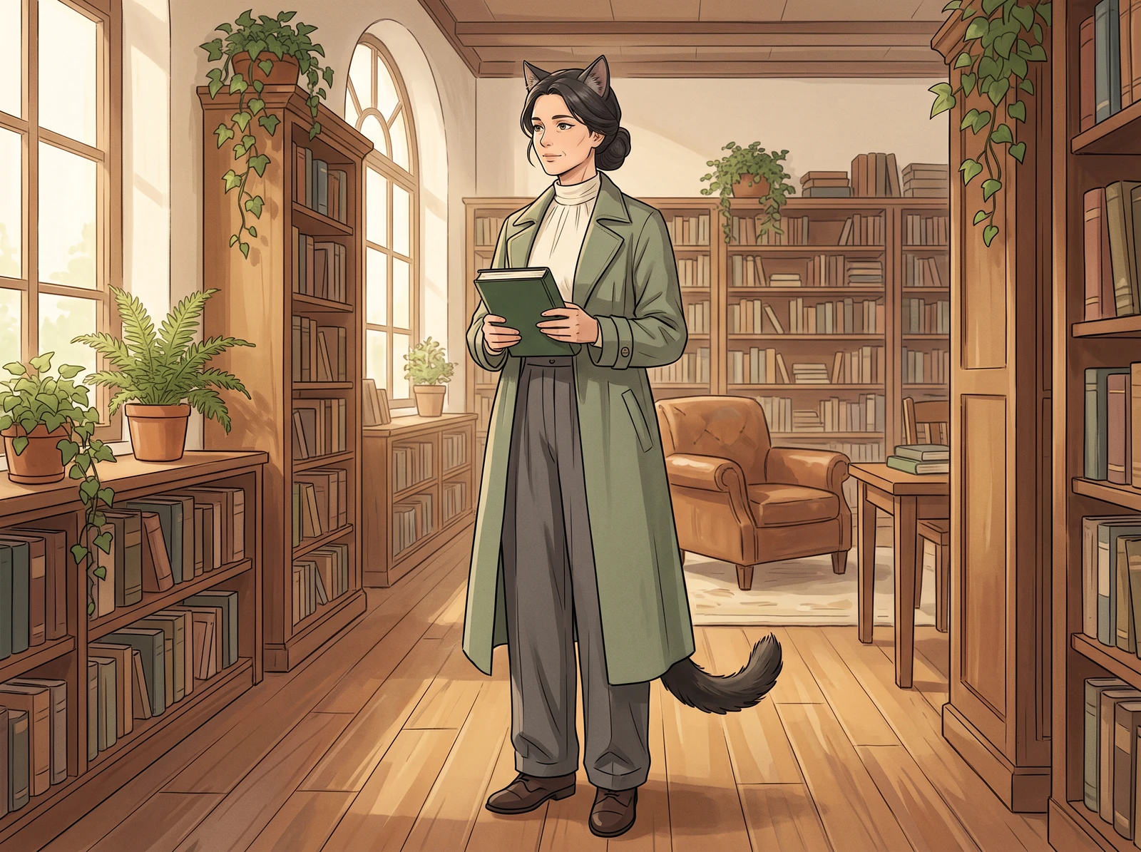 An original adult cat-eared librarian in a bright reading room