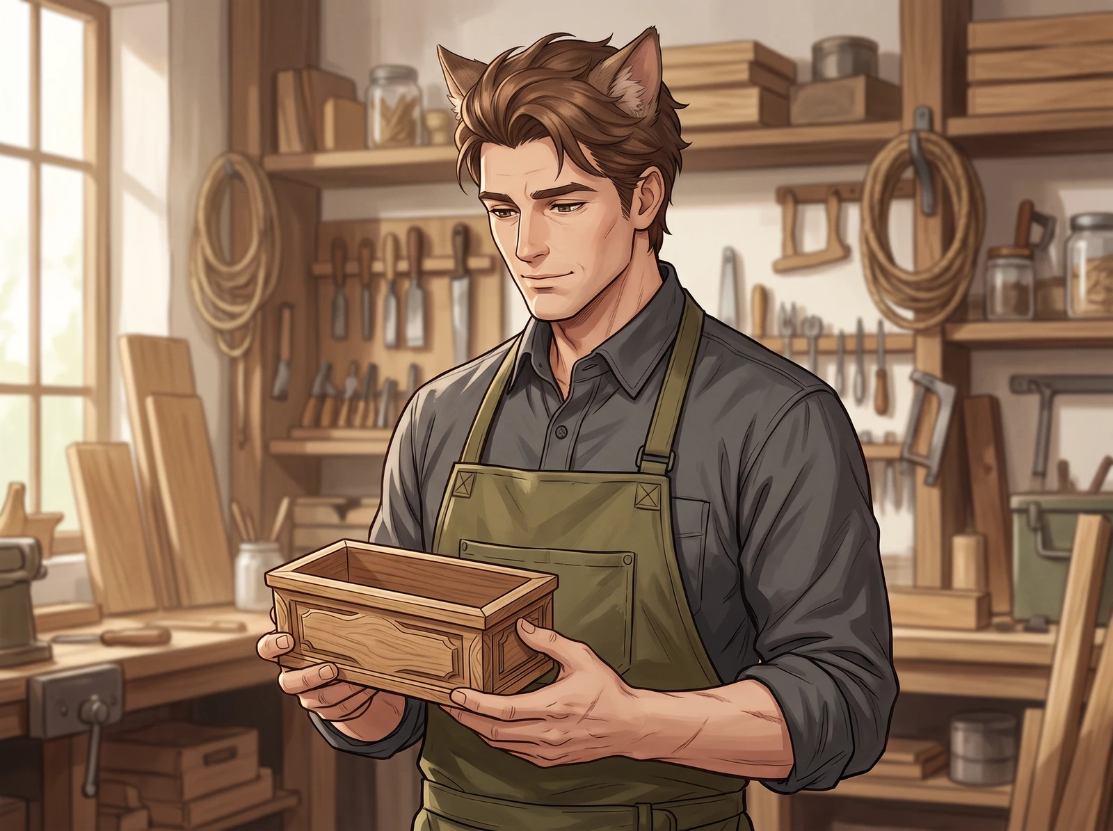 An original adult cat-eared craftsperson in a modest workshop outfit