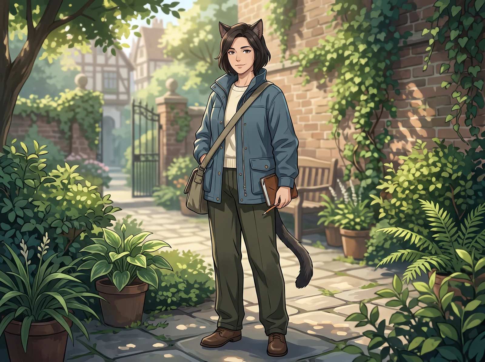 An original adult cat-eared explorer wearing practical modest clothing