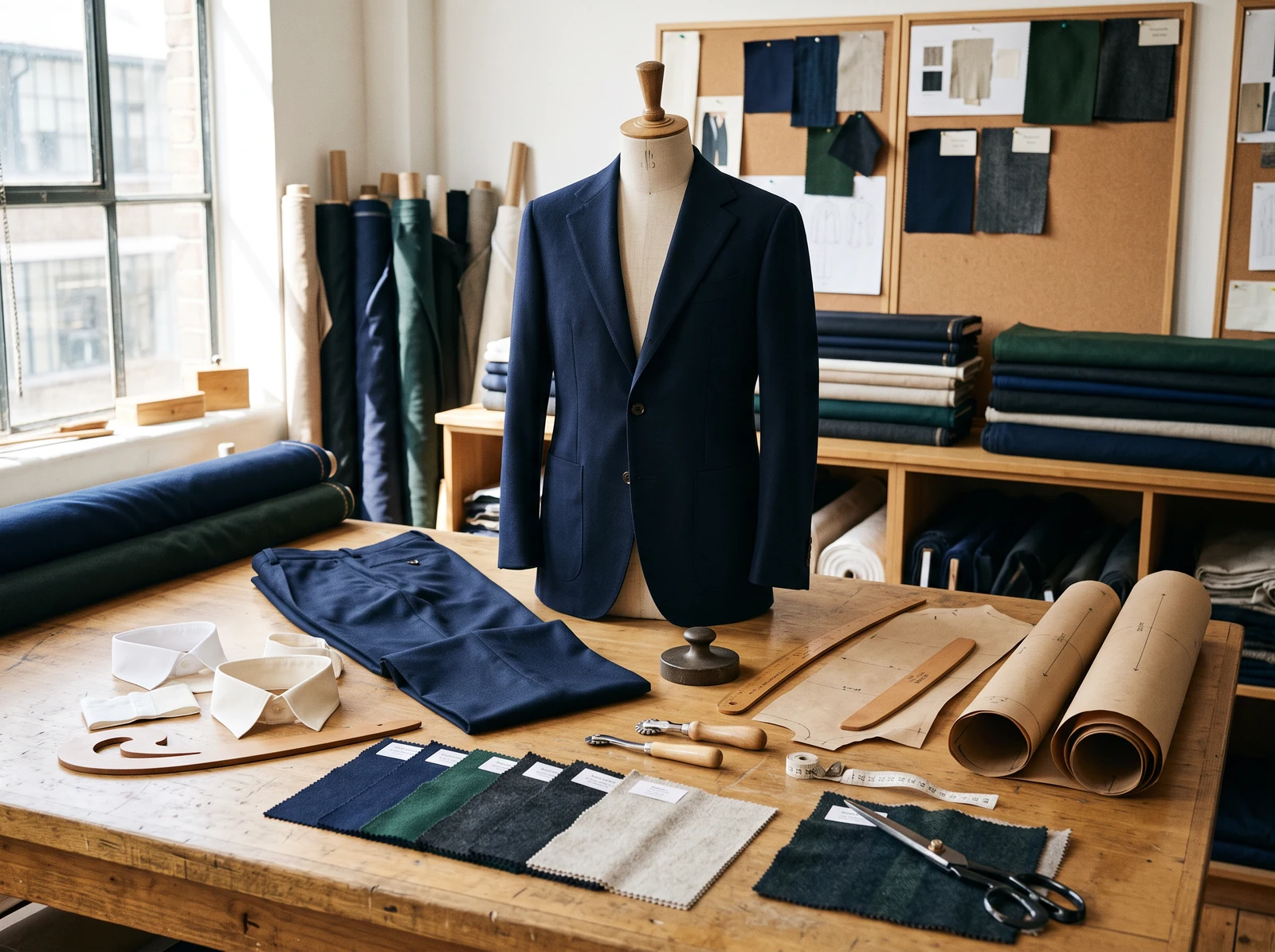 A professional clothing design worktable with adult uniform pieces