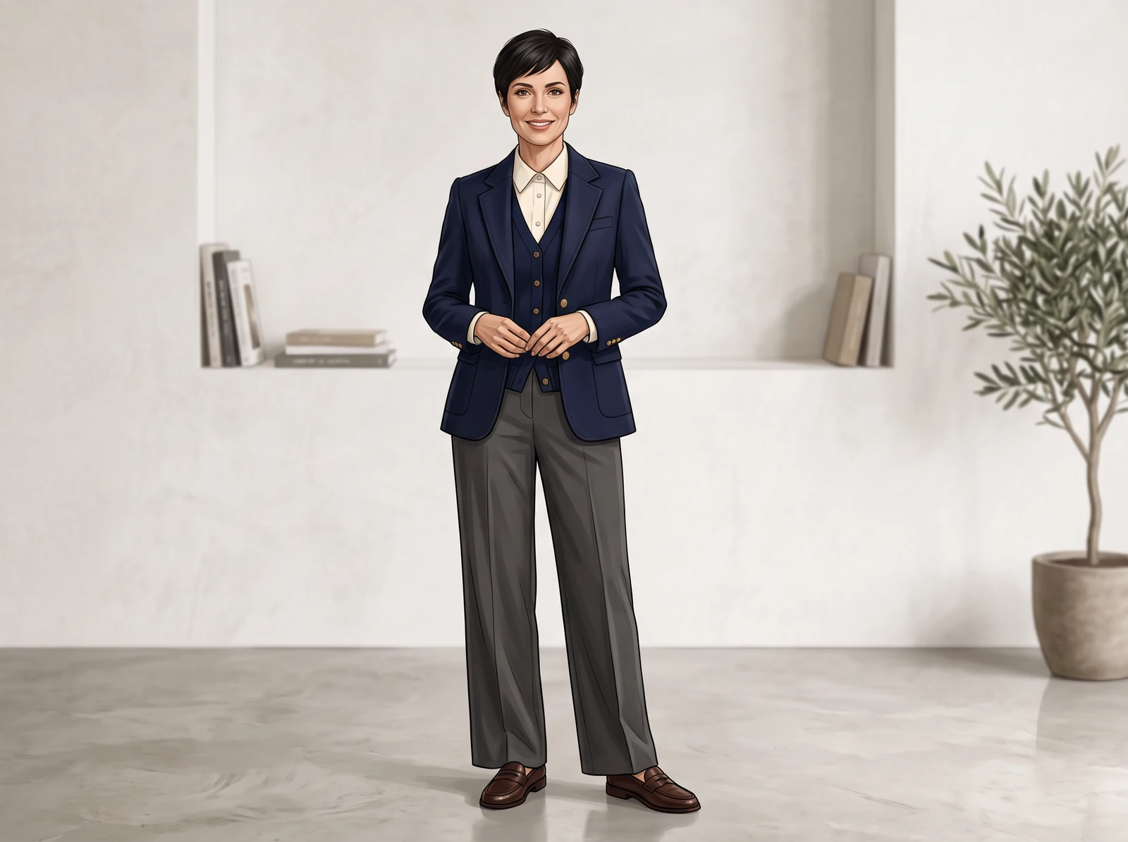 An adult fashion model wearing a blazer and full-length trousers