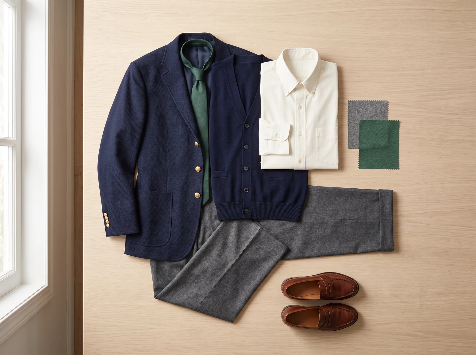 A modest unbranded uniform outfit arranged as a fashion design flat lay