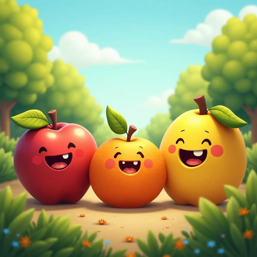 fun and colorful, 4k, A playful scene with personified fruits like apples, oranges, and bananas enjoying a sunny day in the garden.