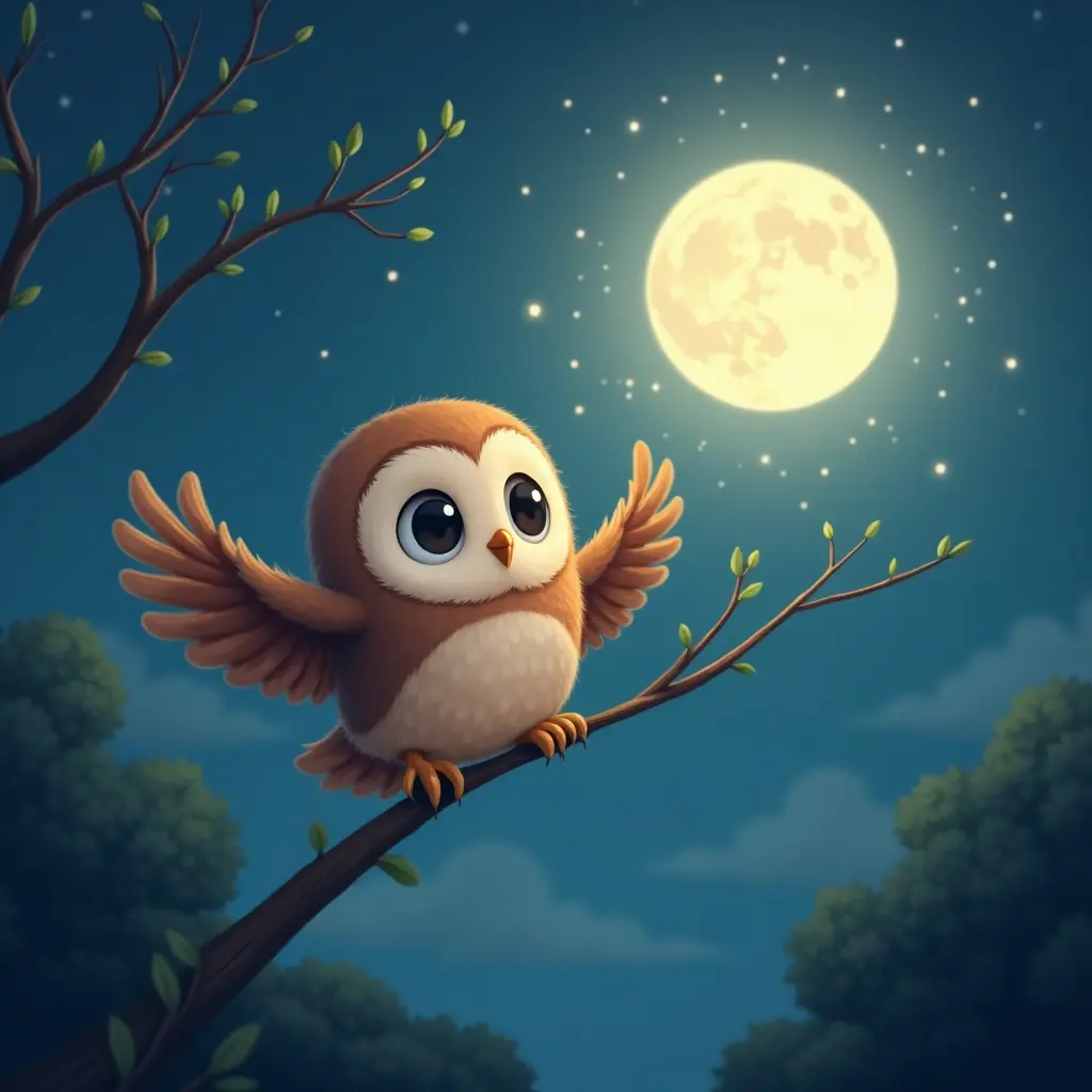 4k, soft, nighttime colors, A heartwarming children's book illustration of a baby owl learning to fly under a gentle moonlight.