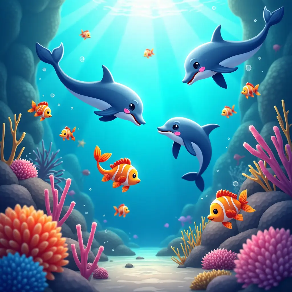 4k, bright and colorful, whimsical, ocean animals, A joyful underwater scene with friendly fish, dolphins, and playful sea creatures exploring a coral reef.