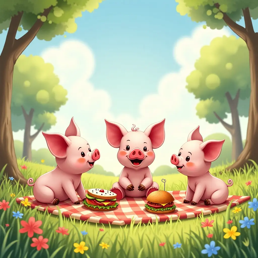 4k, gentle watercolor style, Children's illustration of a happy piglet having a picnic with friends in a sunny meadow, surrounded by flowers and trees.