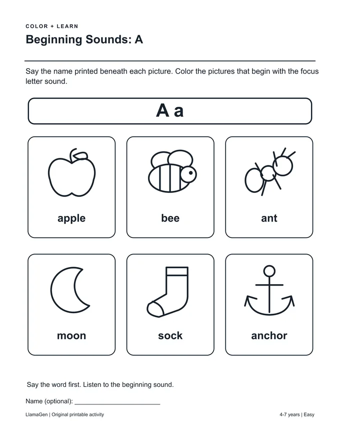Sonidos iniciales: A — página para colorear en blanco y negro para imprimir