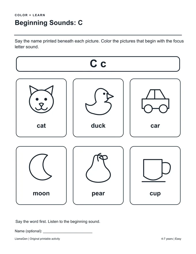 Sonidos iniciales: C — página para colorear en blanco y negro para imprimir