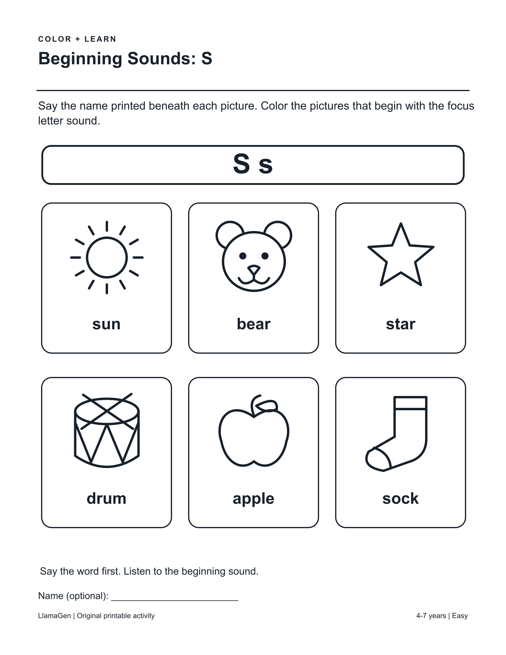 Sonidos iniciales: S — página para colorear en blanco y negro para imprimir