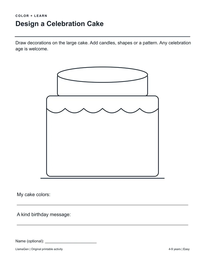 Crée un gâteau de fête — page à colorier imprimable en noir et blanc