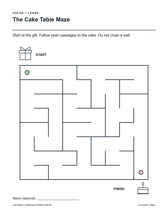 Le labyrinthe de la table du gâteau — page à colorier imprimable en noir et blanc