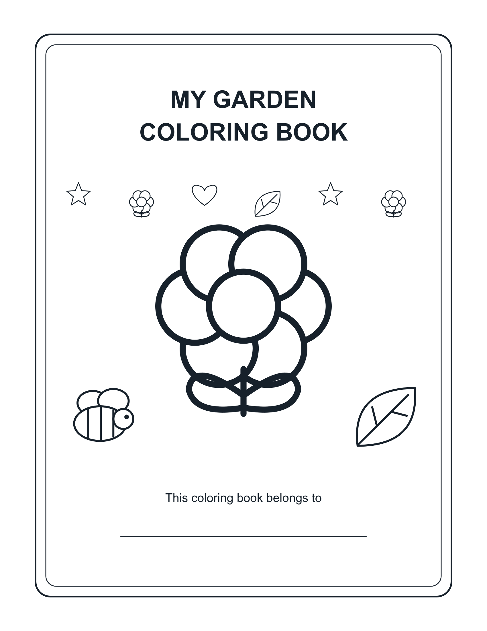 Pabalat sa Harap ng Coloring Book sa Hardin — puwedeng i-print na itim-at-puting pahina ng pangkulay
