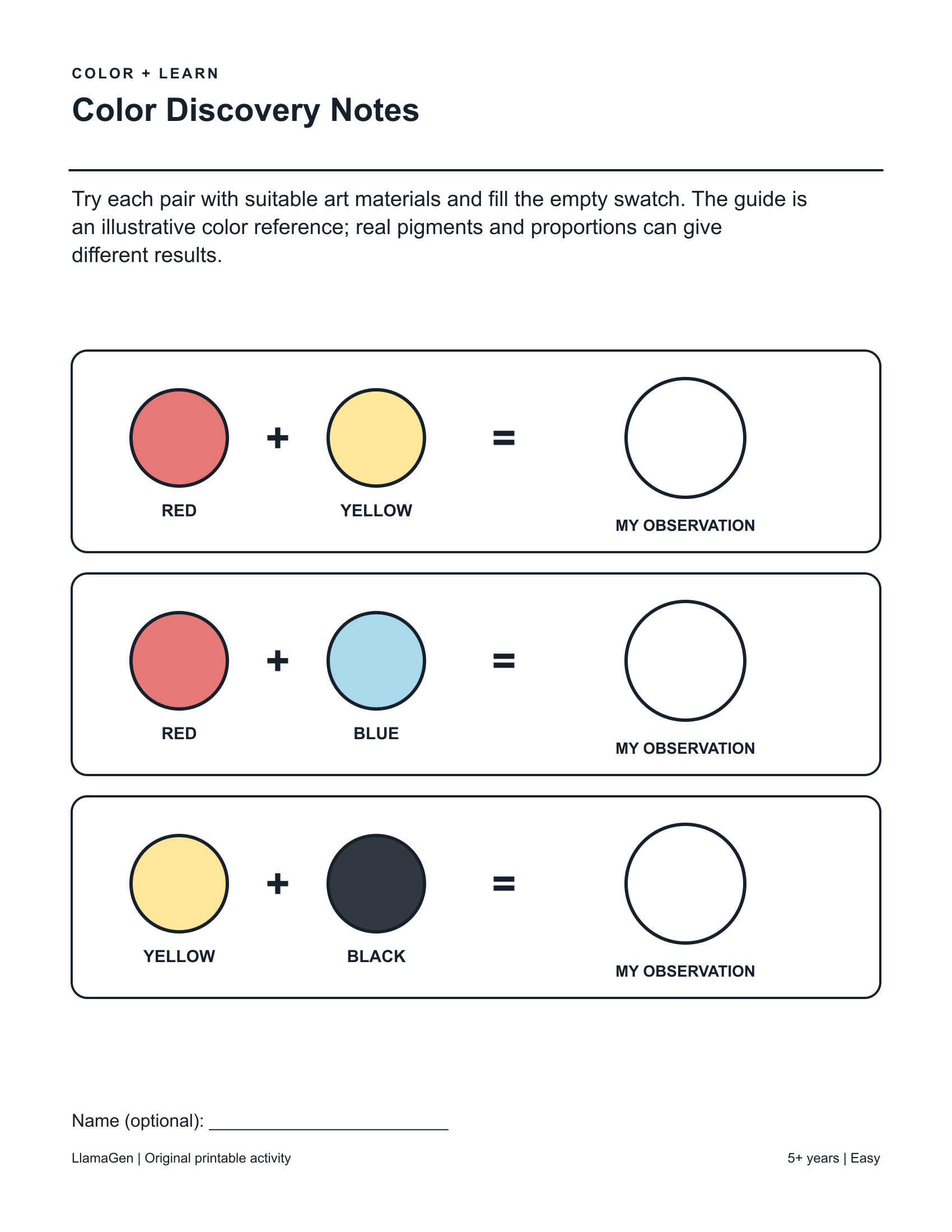 Note di scoperta dei colori — pagina da colorare stampabile in bianco e nero
