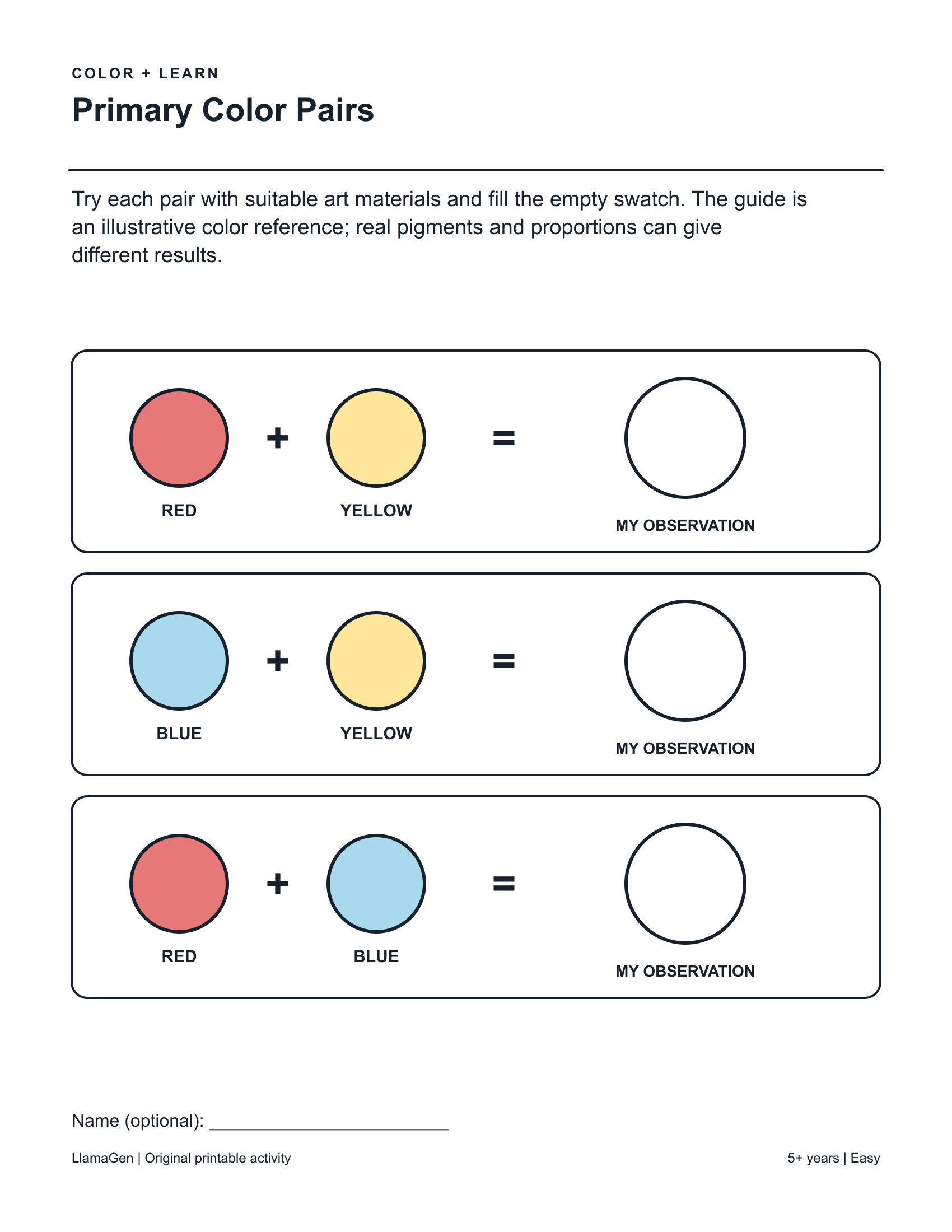 Pares de colores primarios — página para colorear en blanco y negro para imprimir