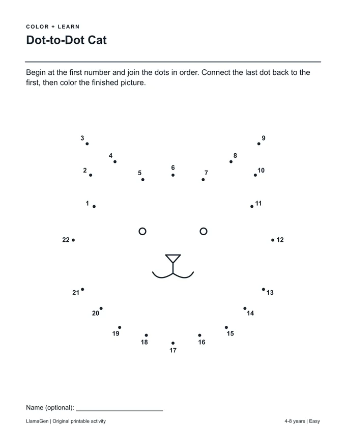 Ligar os Pontos: Gato — página para colorir a preto e branco para imprimir