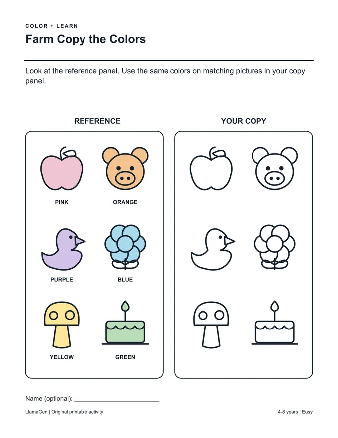 Ferme : recopie les couleurs — page à colorier imprimable en noir et blanc