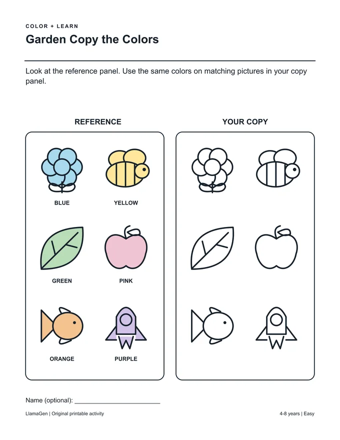 Jardin : recopie les couleurs — page à colorier imprimable en noir et blanc