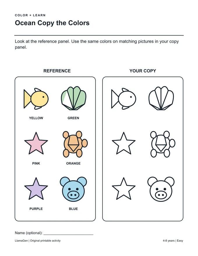 Océan : recopie les couleurs — page à colorier imprimable en noir et blanc