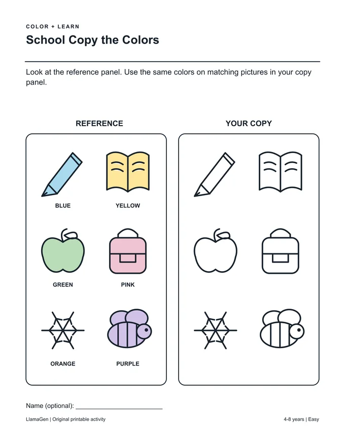 École : recopie les couleurs — page à colorier imprimable en noir et blanc