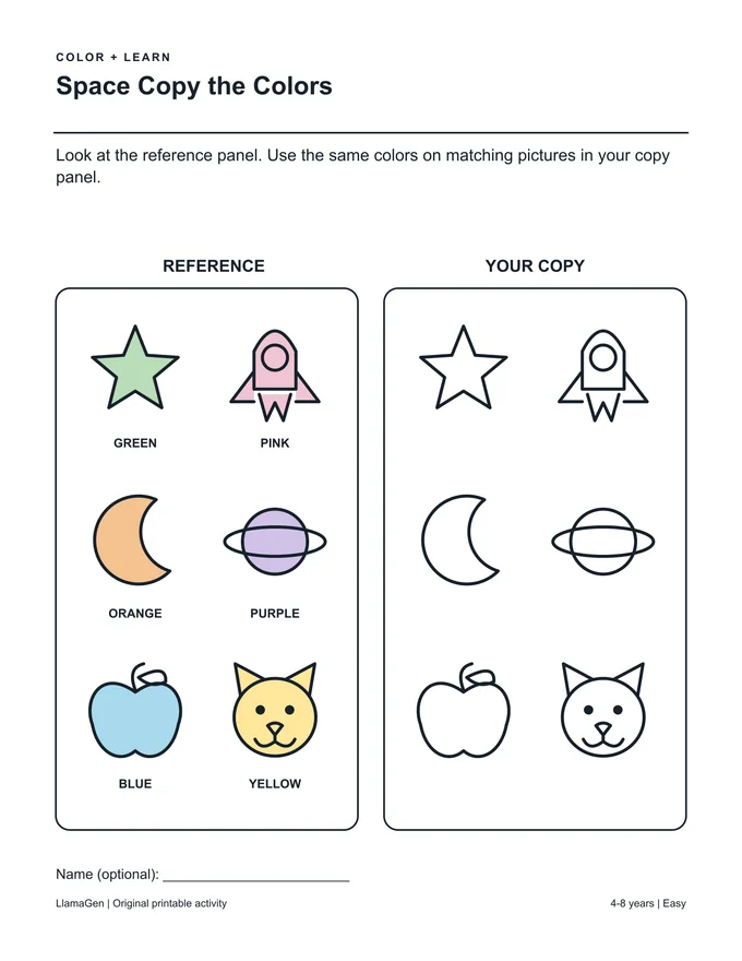 Espace : recopie les couleurs — page à colorier imprimable en noir et blanc