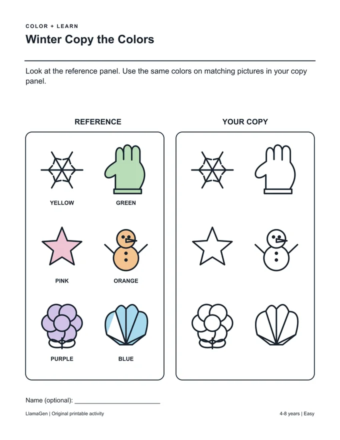 Hiver : recopie les couleurs — page à colorier imprimable en noir et blanc
